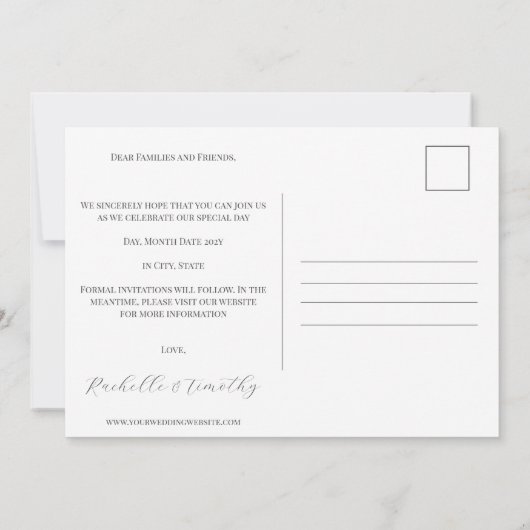 Elegantes, modernes Script-Foto Hochzeit Save The Date (Rückseite)