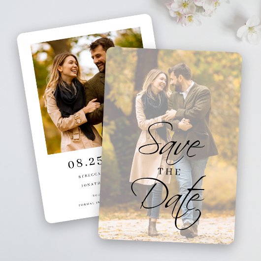 Elegantes, modernes Script-Hochzeitsszitat-Foto Save The Date
