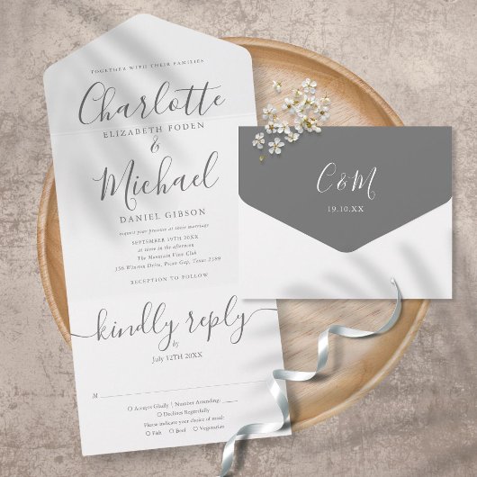 Elegantes, modernes Script Minimalistisch Wedding All In One Einladung