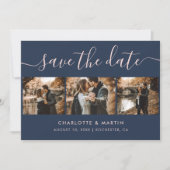 Elegantes, modernes Script Navy Blue Blush 4 Foto Save The Date (Vorderseite)