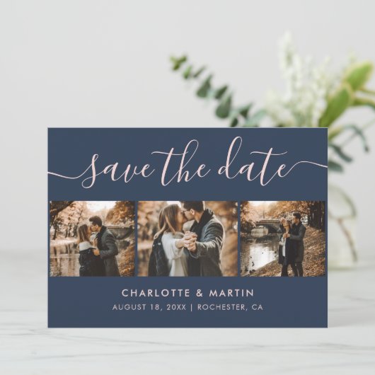 Elegantes, modernes Script Navy Blue Blush 4 Foto Save The Date (Stehend Vorderseite)