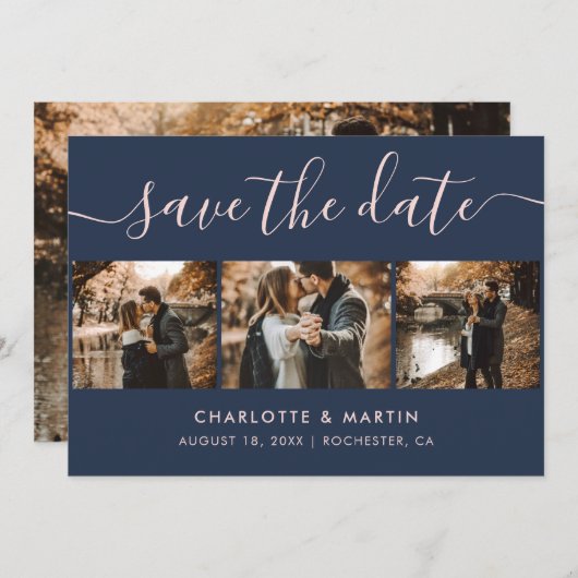 Elegantes, modernes Script Navy Blue Blush 4 Foto Save The Date (Vorne/Hinten)