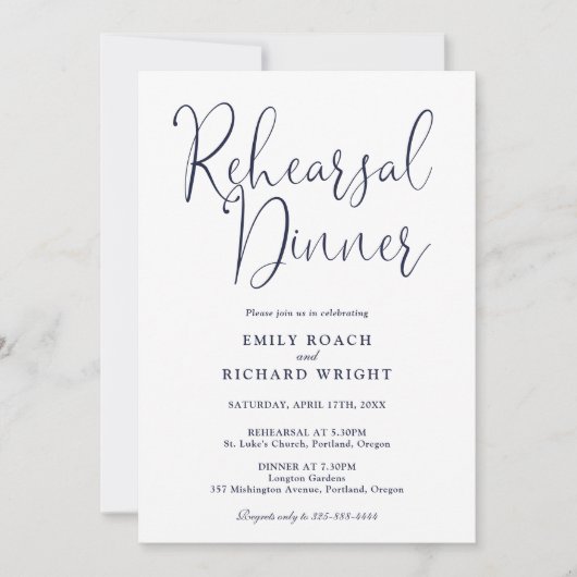 Elegantes, modernes Script Navy Blue Probe Dinner Einladung (Vorderseite)