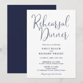 Elegantes, modernes Script Navy Blue Probe Dinner Einladung (Vorne/Hinten)