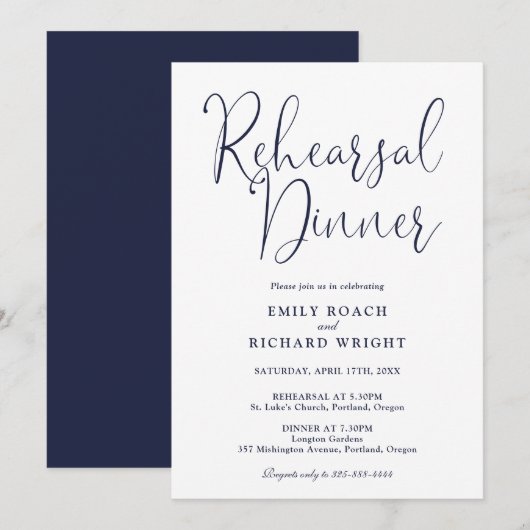 Elegantes, modernes Script Navy Blue Probe Dinner Einladung (Vorne/Hinten)