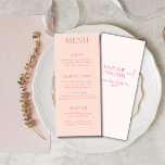 Elegantes modernes Script Rosa Blush Hochzeitsmenü Menükarte<br><div class="desc">Feiern Sie Ihren besonderen Tag mit einer Touch von Eleganz und Romantik mit unserem Pink Blush Wedding Flat Menu. Dieses Menü wurde mit viel Liebe zum Detail gestaltet und verleiht Ihrem Hochzeitsempfang einen Pop der Eleganz. Die weiche, rot-rosa Farbe schafft ein charmantes und gemütliches Ambiente, das den perfekten Rahmen für...</div>
