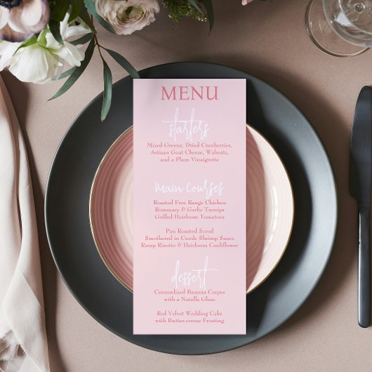 Elegantes modernes Script Rosa Blush Hochzeitsmenü Menükarte