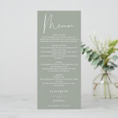 Elegantes, modernes Script Sage Green Wedding Dinn Menükarte (Stehend Vorderseite)