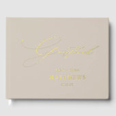 Elegantes modernes Script Taupe Gold Gästebuch (Vorderseite)
