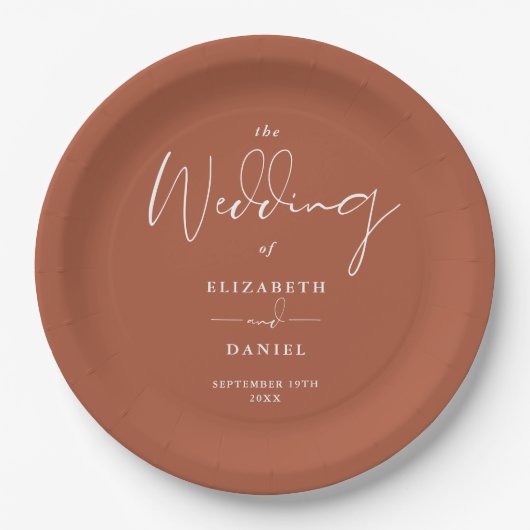 Elegantes, modernes Script Terracotta Wedding Pappteller (Vorderseite)