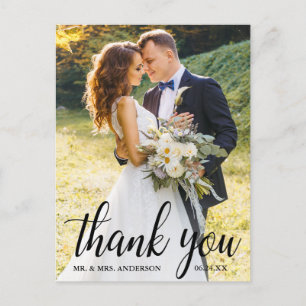 Elegantes modernes Script Wedding Foto Vielen Dank Postkarte