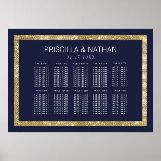 Elegantes, modernes Seating-Chart mit Blue-Gold-Se Poster (Vorne)