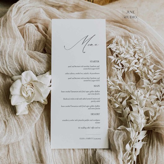Elegantes, modernes Skript-Hochzeitmenü Menükarte