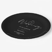 Elegantes, modernes Skript Schwarz-Weiß-Hochzeit Pappteller (Schrägansicht)