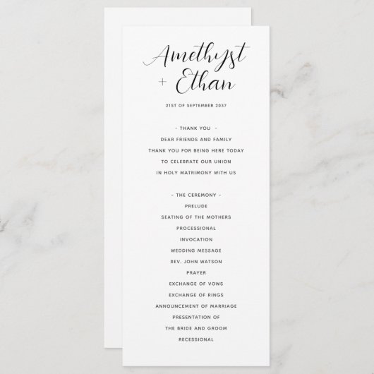 Elegantes, modernes Skript Schwarz & Weiß Hochzeit Programm (Vorne/Hinten)