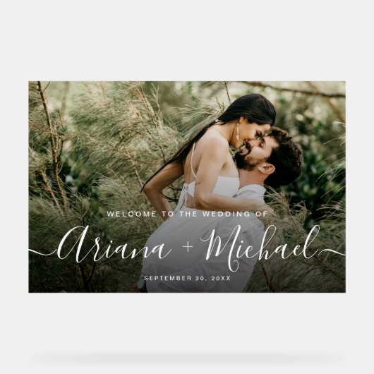 Elegantes, modernes Skriptnamens Custom Foto Weddi Acrylschild (Vorderseite)