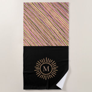 Elegantes, modernes Streifen Monogram Pink Gold Strandtuch