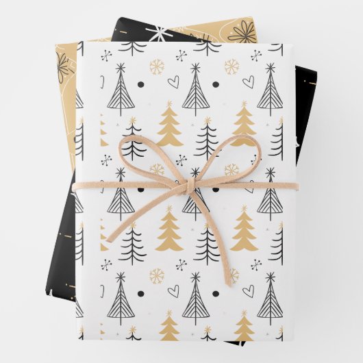 Elegantes, modernes Weihnachtsbaummuster Schwarz-w Geschenkpapier Set (Beispiel)