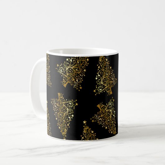 Elegantes, modernes Weihnachtsbaummuster schwarzes Kaffeetasse (Vorderseite Links)