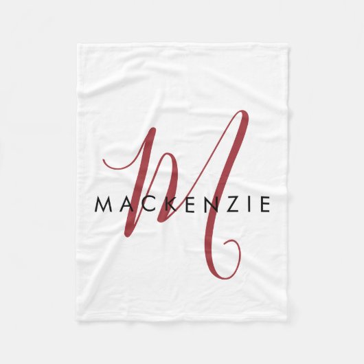 Elegantes modernes weiß-rotes Skript-Monogramm Fleecedecke (Vorderseite)