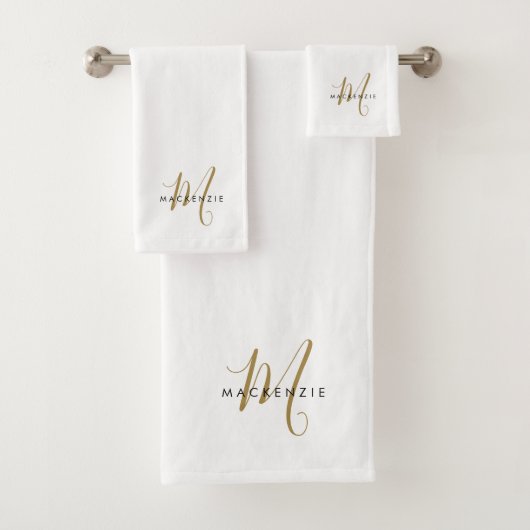 Elegantes modernes weißes Gold-Schriftmonogramm Badhandtuch Set (Insitu)