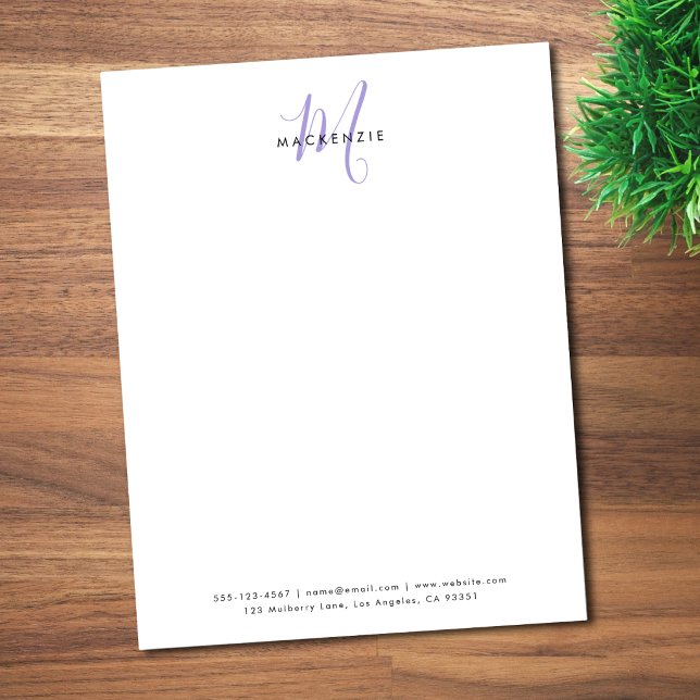 Elegantes modernes weißes Lavendel-Script-Monogram Briefbogen (Von Creator hochgeladen)