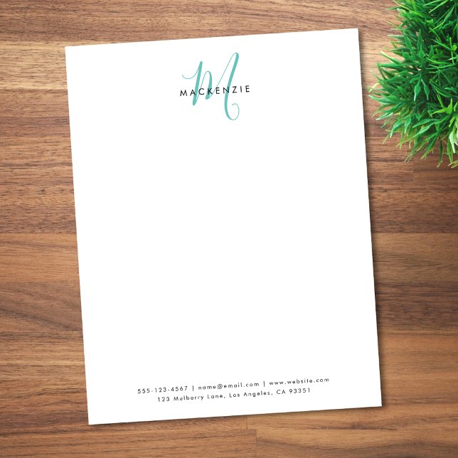 Elegantes modernes weißes Teal-Script-Monogramm Briefbogen (Von Creator hochgeladen)