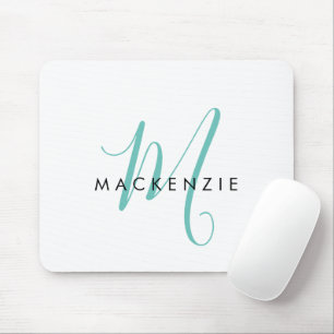Elegantes modernes weißes Teal-Script-Monogramm Mousepad