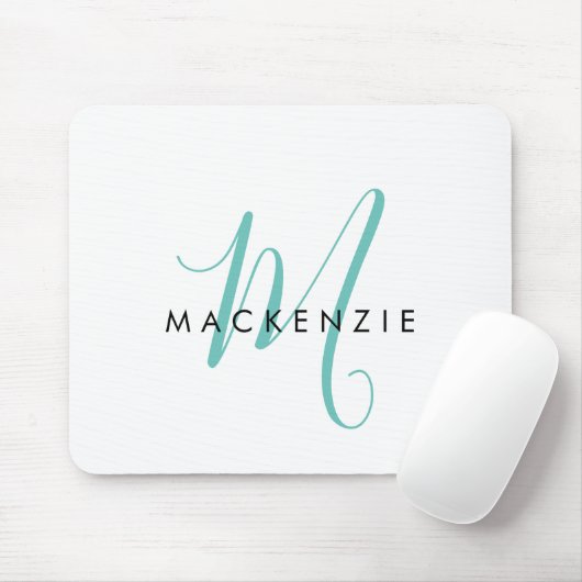 Elegantes modernes weißes Teal-Script-Monogramm Mousepad (Mit Mouse)