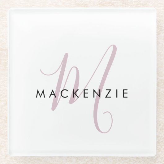 Elegantes, modernes White Blush Pink Script Monogr Glasuntersetzer (Vorderseite)