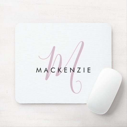 Elegantes, modernes White Blush Pink Script Monogr Mousepad (Mit Mouse)