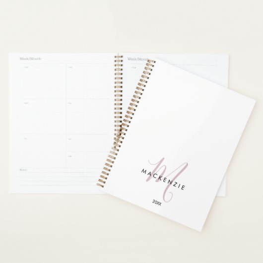 Elegantes, modernes White Blush Pink Script Monogr Planer (Anzeige)