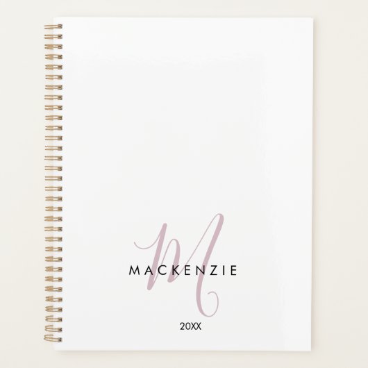 Elegantes, modernes White Blush Pink Script Monogr Planer (Vorderseite)