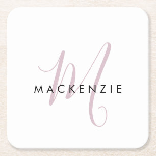 Elegantes, modernes White Blush Pink Script Monogr Rechteckiger Pappuntersetzer