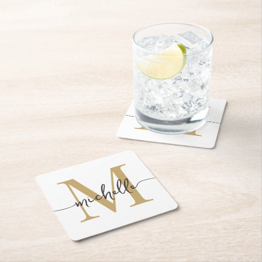 Elegantes, modernes White Gold Monogram Name Scrip Rechteckiger Pappuntersetzer (Vor Ort)