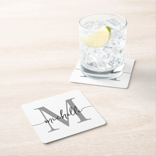 Elegantes, modernes White Gray Monogram Name Scrip Rechteckiger Pappuntersetzer (Vor Ort)