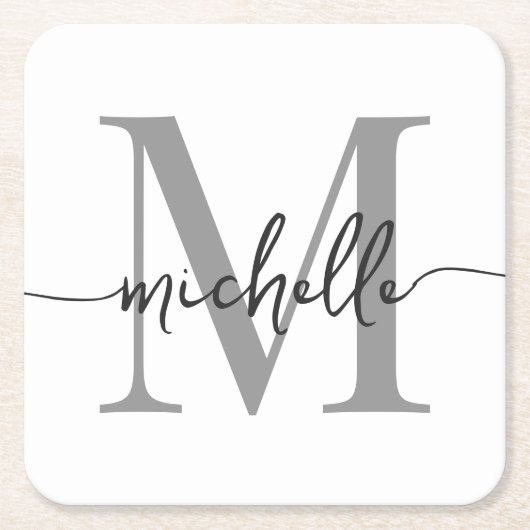 Elegantes, modernes White Gray Monogram Name Scrip Rechteckiger Pappuntersetzer (Vorderseite)