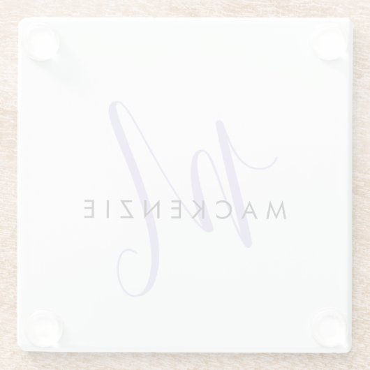 Elegantes, modernes White Lavender Script Monogram Glasuntersetzer (Rückseite)
