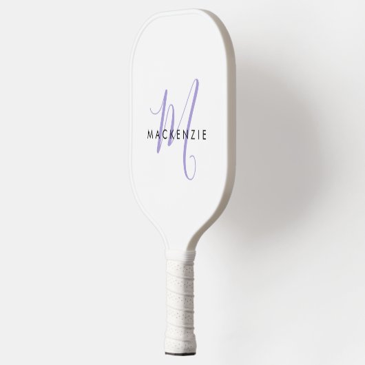 Elegantes, modernes White Lavender Script Monogram Pickleball Schläger (Links)