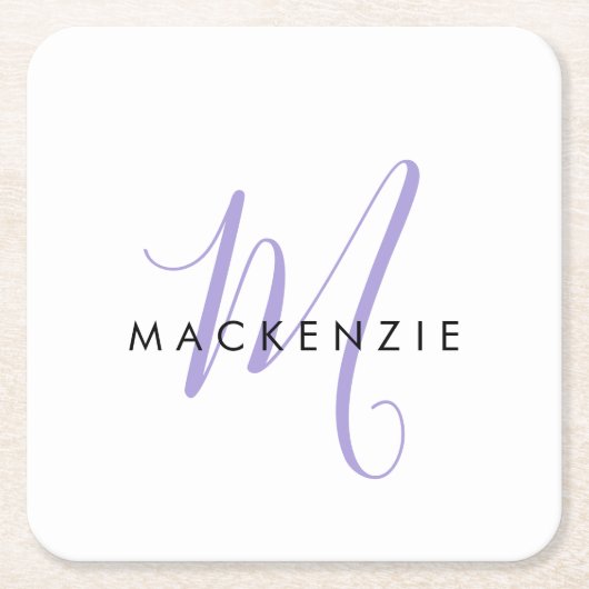Elegantes, modernes White Lavender Script Monogram Rechteckiger Pappuntersetzer (Vorderseite)