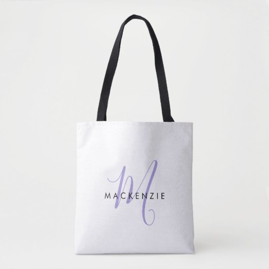 Elegantes, modernes White Lavender Script Monogram Tasche (Vorderseite)