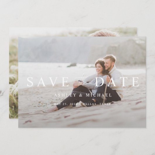Elegantes, modernes White Overlay 2 Foto Hochzeit Save The Date (Vorne/Hinten)