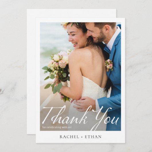 Elegantes, modernes White Script-Foto Hochzeit Dankeskarte (Vorne/Hinten)