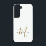 Elegantes, modernes White-Script-Monogramm Samsung Galaxy Hülle<br><div class="desc">Elegant Modern White Gold Script Monogram Phone Case. Ein elegantes Goldskriptmonogramm kombiniert mit einem sauberen schwarzen San-Serif-Schriftart verleiht dem Ganzen einen zeitgemäßen Look.</div>