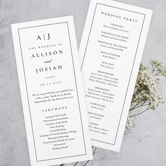 Elegantes Mongram Green Wedding Programm