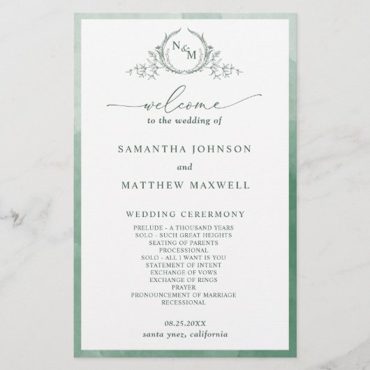 Elegantes Mongram Green Wedding Programm (Vorderseite)