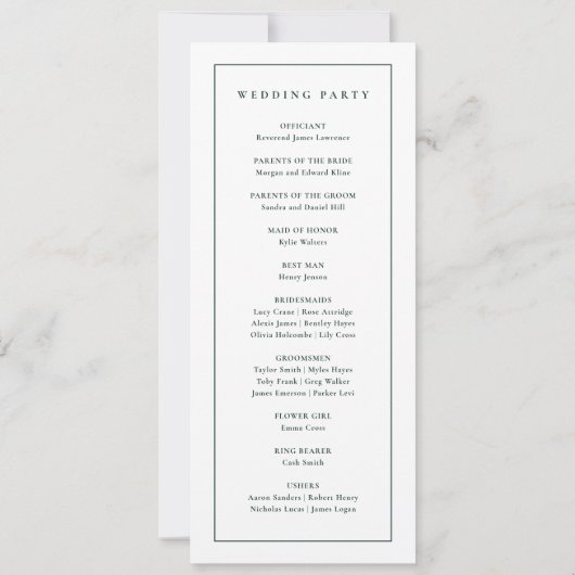 Elegantes Mongram Green Wedding Programm (Rückseite)