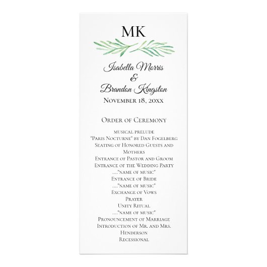 Elegantes Mongram Greenerity Wedding Program 2 Werbekarte (Vorne)