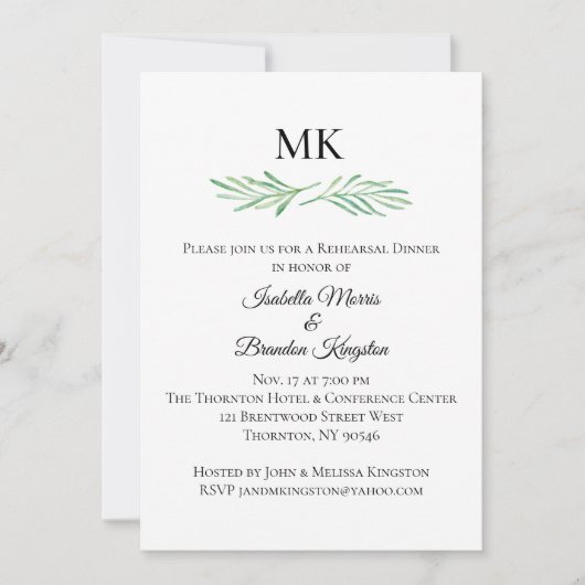 Elegantes Mongram Greenery Probe Dinner Einladung (Vorderseite)
