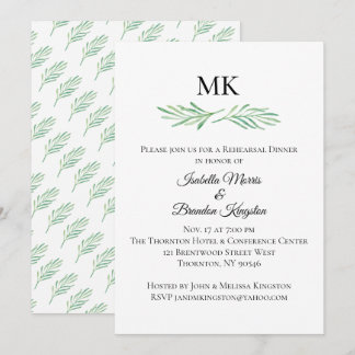 Elegantes Mongram Greenery Probe Dinner Einladung